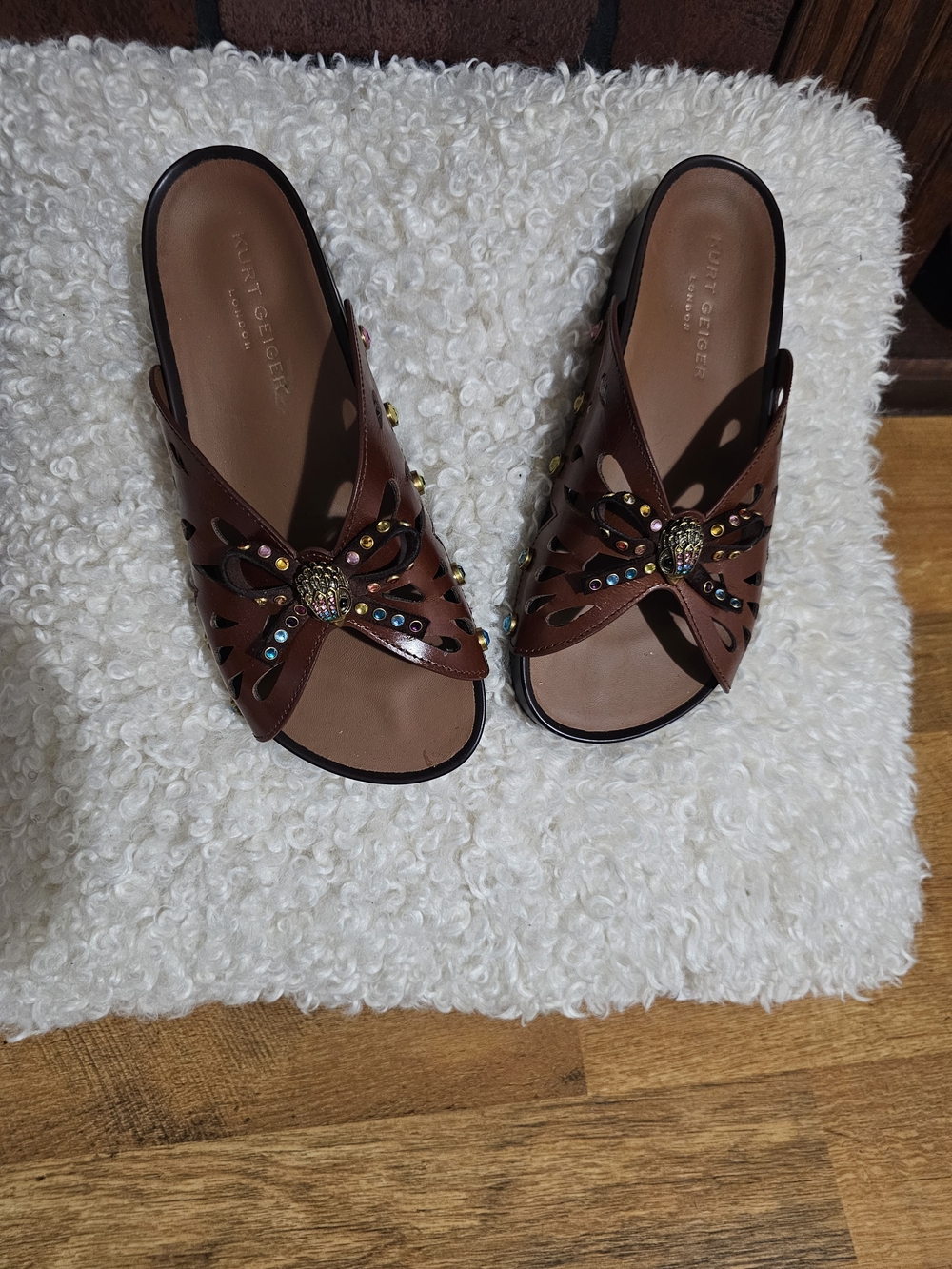 Kurt Geiger Brown Jeweled Cutout Slide Mules